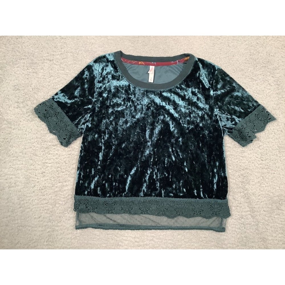 Xhilaration Green Velvet Lace Short Sleeve Crop Top Shirt Whimsigoth Y2K Small S